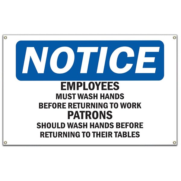 OSHA Notice Sign, Employees And Patrons Wash Hands, 60 in Banner, OS-NS-B-60-11960